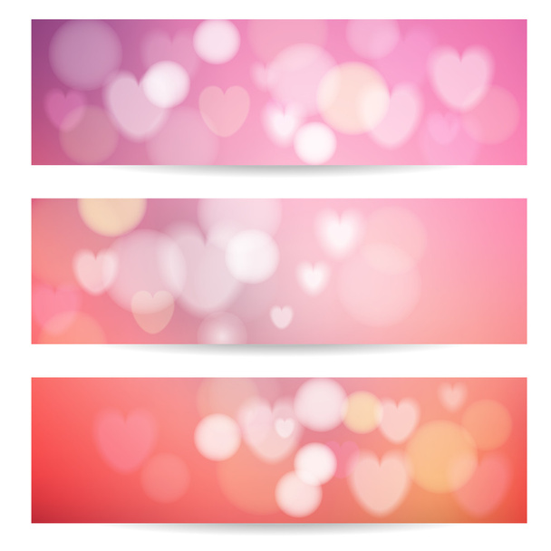 Set of abstract banners with lights, hearts and bokeh effect, vector illustration backgrounds - Vector, Imagen