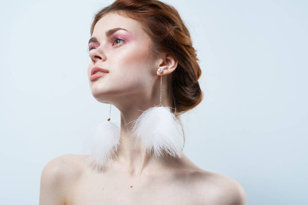 Joyful Woman Bare Shoulders Fluffy Earrings Cosmetics Glamor - Photo, image