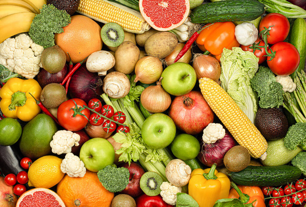 background of many fresh vegetables and fruits - Photo, Image