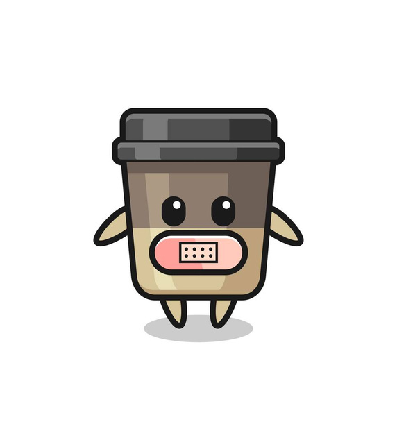 Dibujos animados Ilustración de la taza de café con cinta en la boca, diseño de estilo lindo para la camiseta, pegatina, elemento de logotipo - Vector, imagen