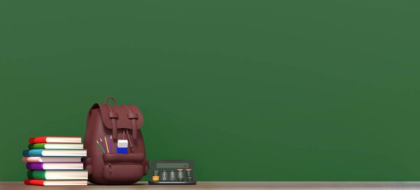 ブックバッグ電卓ペン固定宿題学生の生徒の純粋な赤ちゃんの子供の先生の木のテーブル緑の黒板のコピースペース高校の大学の教室のオフィスのコンセプトを描く。  - 写真・画像