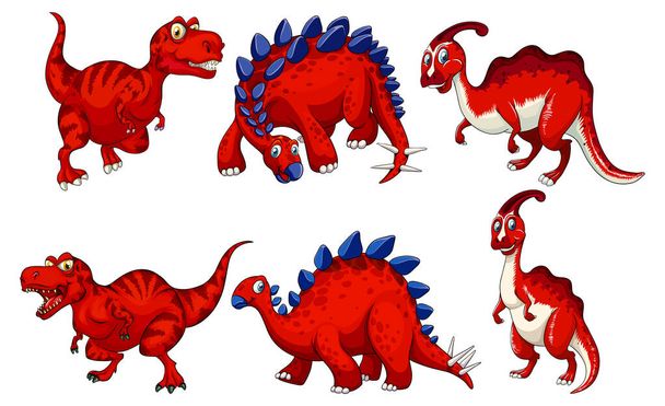 Set van rode dinosaurus cartoon karakter illustratie - Vector, afbeelding