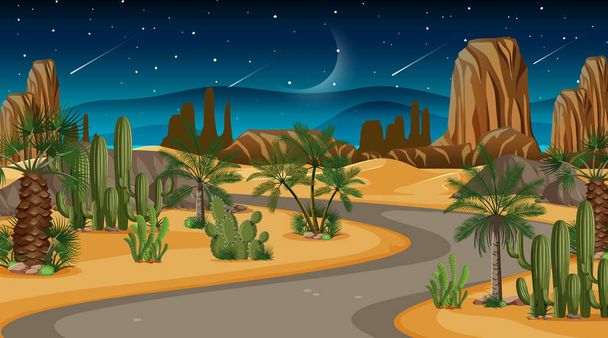 Largo camino a través del paisaje del desierto en la ilustración escena de la noche - Vector, imagen