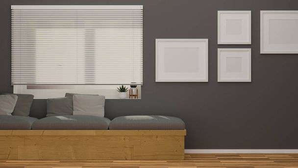 Cómoda sala de estar moderna con marco de póster maqueta en la pared gris, sofá gris, persianas blancas de la ventana, suelo de parquet, 3d representación, ilustración 3d - Foto, imagen