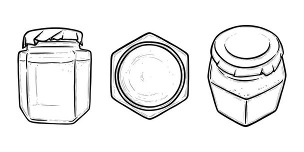 Glass jar front and top view. Hexagonal jar for preserves of pickles, honey or jam. Hand drawn vector illustration - ベクター画像