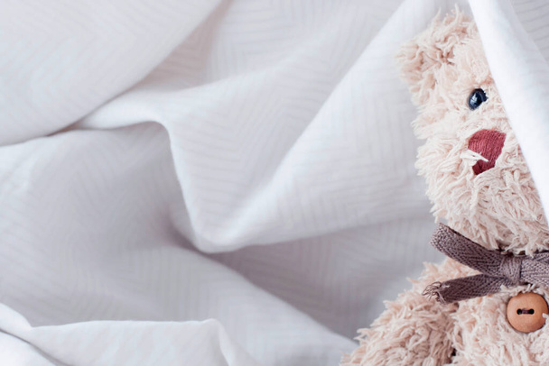 Niedlicher Teddybär spielt Verstecken mit Stoff, Happy-Feel-Konzept. - Foto, Bild