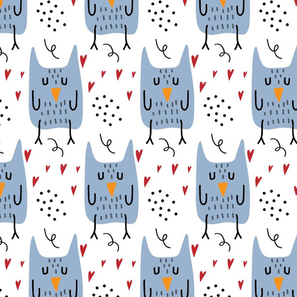 Childrens hand-drawn seamless pattern with an owl. Pattern with an owl and hearts. Pattern for cards, posters, prints, fabrics. - Wektor, obraz