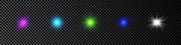 Linssisoihdutusten valovaikutus. Joukko viisi monivärinen hehkuva valot tähtipurske vaikutuksia kimaltelee tumma läpinäkyvä tausta. Vektoriesimerkki - Vektori, kuva
