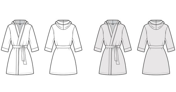 Bathrobe hooded Dressing gown technical fashion illustration with wrap opening, mini length, tie, pocket, elbow sleeves - Vector, Image
