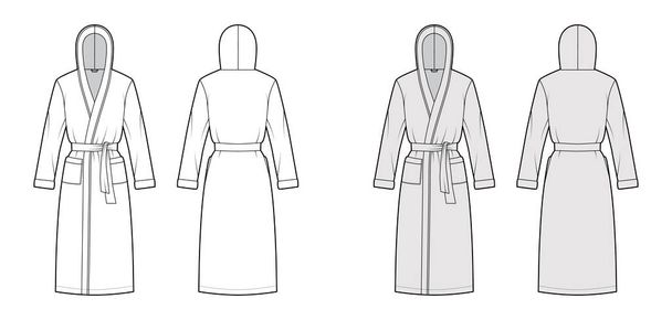 Bathrobes hooded Dressing gown technical fashion illustration with wrap opening, knee length, tie, pocket, elbow sleeves - Vector, Image