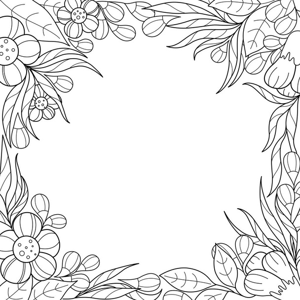 Hand drawn black and white floral background. Contour frame made of flowers, leaves and twigs. Perfect background for advertising, congratulations, invitations or other designs. - Вектор, зображення