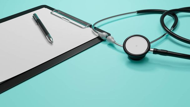 Concepto médico, estetoscopio, portapapeles médico con hoja en blanco de papel en fondo azul, representación 3d, ilustración 3d - Foto, imagen