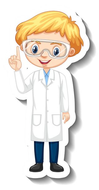 Cartoon-Charakter-Aufkleber mit einem Jungen im Wissenschaftskleid Illustration - Vektor, Bild
