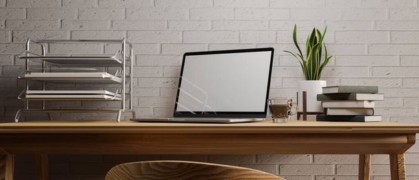 Simple home working desk in modern room interior, opened laptop, office supplies, decorations on wooden desk, white brick wall, 3d rendering, 3d illustration - Foto, Imagem