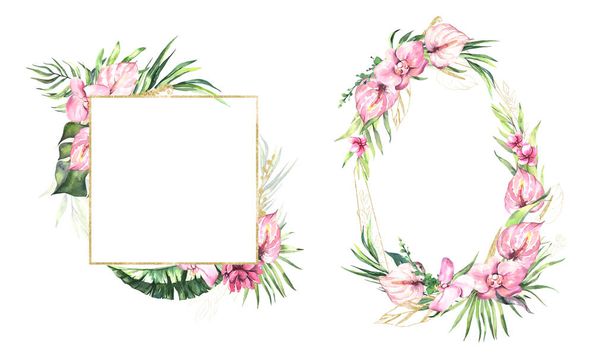 Watercolor summer invitations frames with hand painted tropical dried palm leaves, branches of green leaves. Romantic floral bouquet perfect for wedding greeting cards, invitation and more. - Фото, изображение