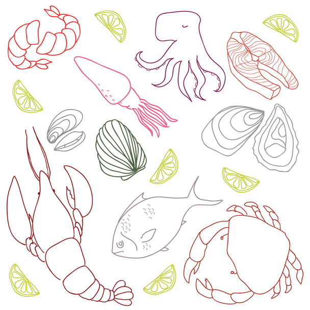 Set of hand drawn elements seafood. Retro vintage style seafood design. Vector illustration. - Vector, Image