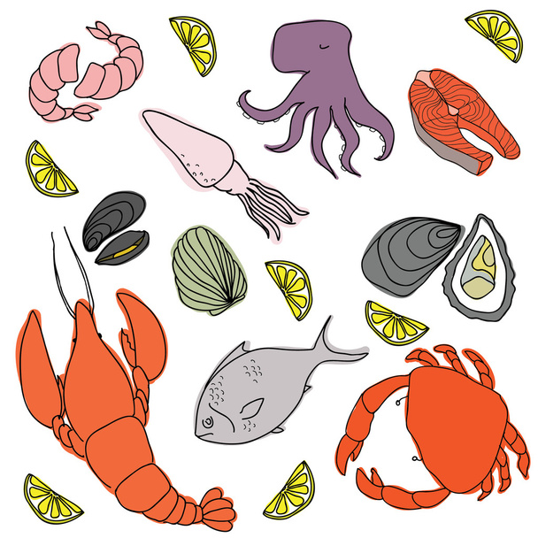 Set of hand drawn elements seafood. Retro vintage style seafood design. Vector illustration. - Vector, Image