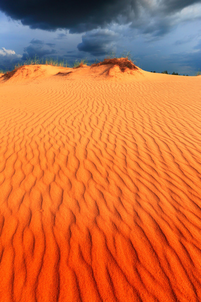 дюни в піщаній пустелі під темним небом перед грозовим штормом
 - Фото, зображення