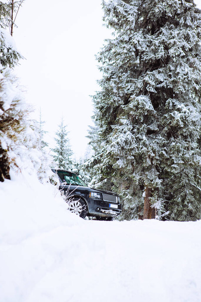 Geländewagen im verschneiten Wald - Foto, Bild