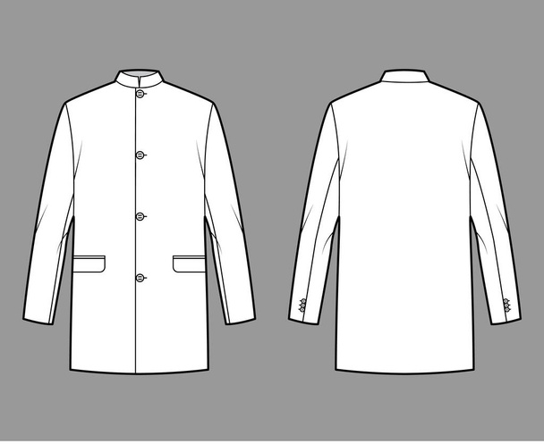 Nehru jaqueta técnica moda ilustração com oversized, stand collar, bolsos de aba, oversized, casaco de mangas compridas - Vetor, Imagem