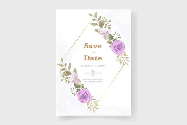 Beautiful wedding invitation card template with rose and leaf decoration - Vector, Image