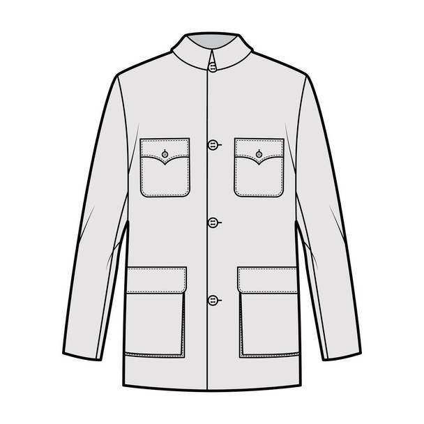 Mao kurtka techniczna moda Ilustracja z przerośniętym, klasyczny kołnierz, kieszenie klapy, długie rękawy, zamknięcie guzika. - Wektor, obraz