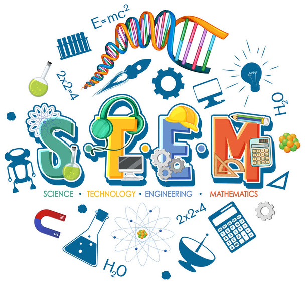 Логотип STEM образования с иллюстрацией элементов иконочного орнамента - Вектор,изображение