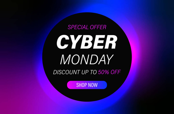 Banner, poster with gradient fluid, liquidity and text Cyber sale special offer 50 percent off discount in black round frame. Neon.  - 写真・画像