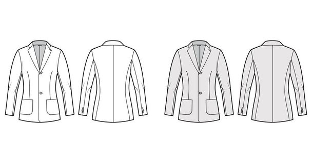 Giacca Blazer vestito illustrazione tecnica moda con petto singolo, manica lunga, revers dentellato, tasche patch - Vettoriali, immagini