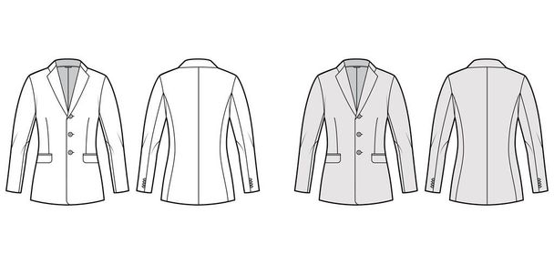 Blazer traje chaqueta ajustada ilustración técnica de moda con un solo pecho, cuello de solapa con muescas, bolsillo con solapa, equipado - Vector, Imagen