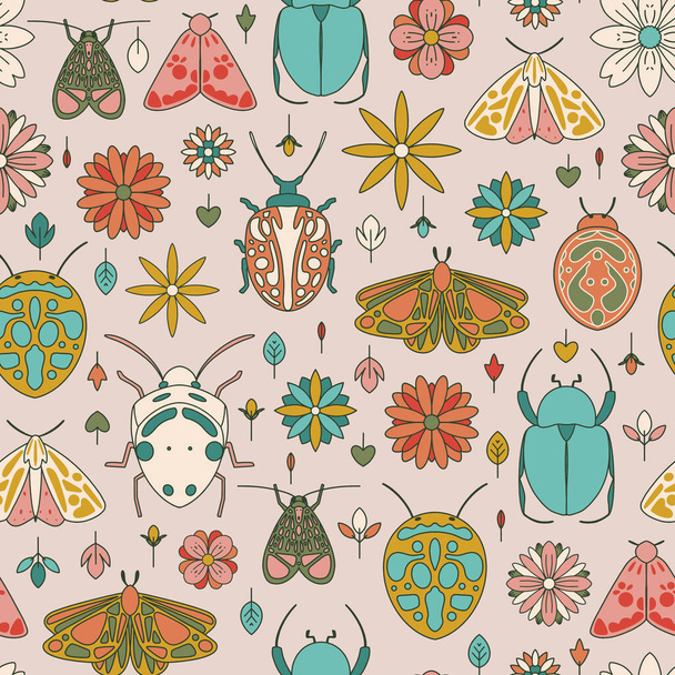 Coloridos insectos retro patrón sin costura floral - Vector, imagen