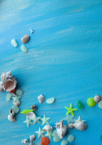 Fondo de verano conchas marinas. Muchas conchas marinas diferentes, estrellas de mar sobre un fondo de trazos de pintura de color turquesa. Lugar para texto con borde en el borde inferior. - Foto, imagen