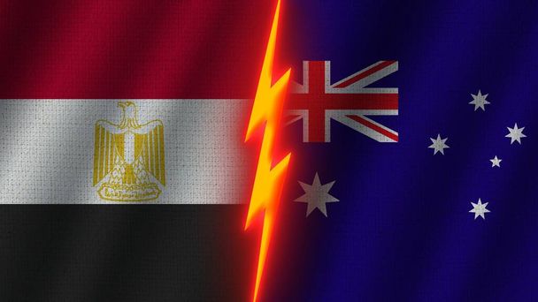 Australië en Egypte vlaggen samen, golvend stof textuur-effect, neon gloeiend effect, glanzend donder-icoon, crisisconcept, 3D-illustratie - Foto, afbeelding