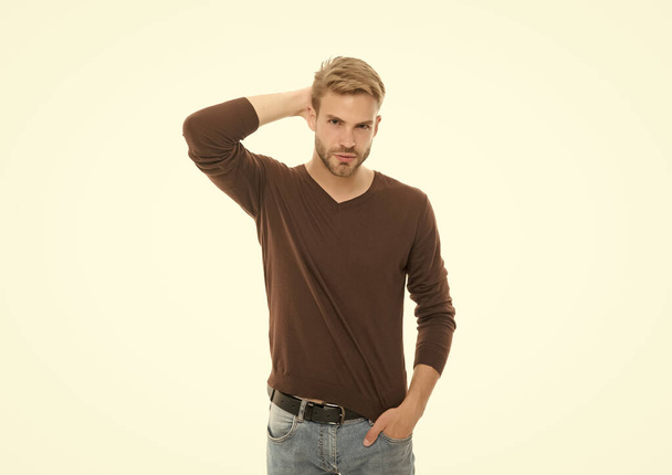 Looking trendy. Well groomed handsome man. styles of male clothes. charismatic man has trendy hairstyle. Guy wear casual outfit. confident bearded guy. Beard grooming and hair care in hairdresser - Фото, изображение
