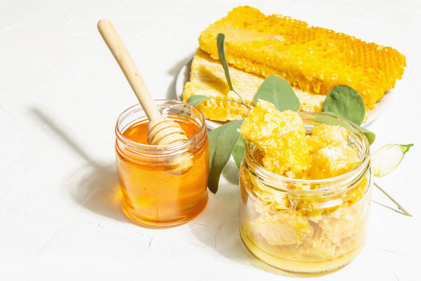 Honeycomb, honey, and beeswax. Natural organic beekeeping products for a healthy and beautiful lifestyle. Hard light, dark shadow, white plaster background, copy space - 写真・画像