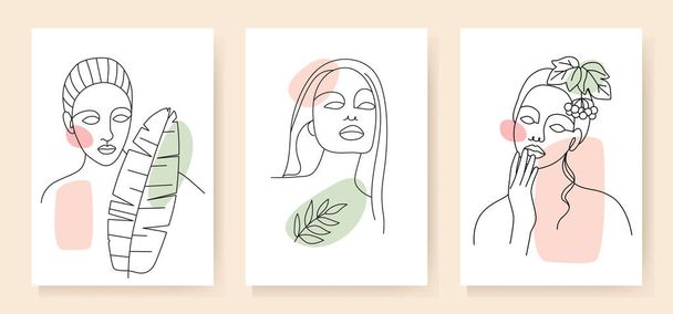 A set of various abstract faces with leaves - Vector, Image