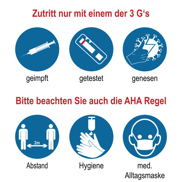 Signez avec les 3 G et la règle AHA. Texte vectoriel allemand (accès uniquement avec un des 3 G, vacciné, testé, récupéré), (Veuillez également noter la règle AHA). - Vecteur, image