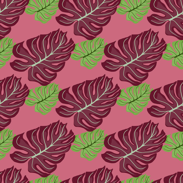 Exotic foliage seamless pattern with purple and green doodle monstera leaves elements. Pink background. Decorative backdrop for fabric design, textile print, wrapping, cover. Vector illustration. - Vector, Image