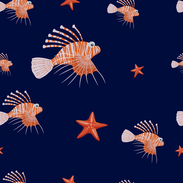 Marine life seamless pattern. Lionfish and starfish. - Vektori, kuva