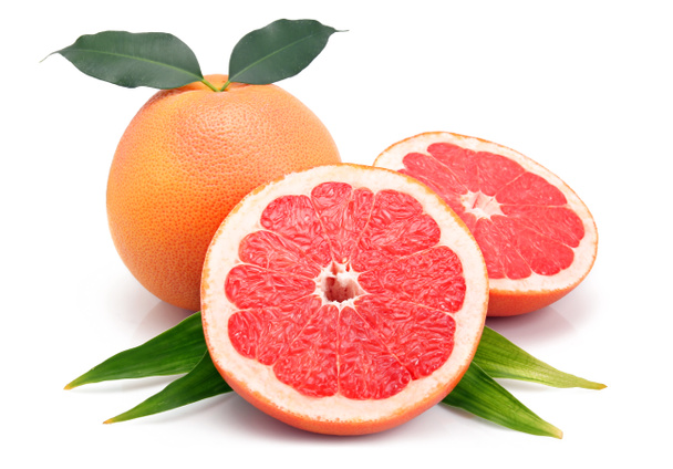 grapefruit vruchten met bezuinigingen en groene blad geïsoleerd - Foto, afbeelding