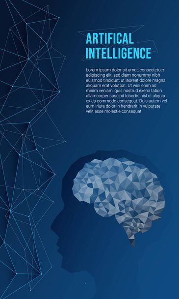 Artificial intelligence concept, modern technologies. Brain illustration in low poly style on a dark background. Web banner design template, landing page. Copy space. - Vector, Image