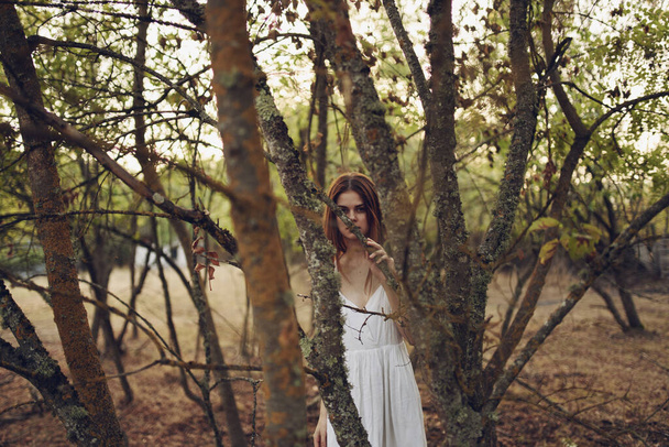roodharige vrouw in een witte jurk in het bos bomen gevallen bladeren - Foto, afbeelding