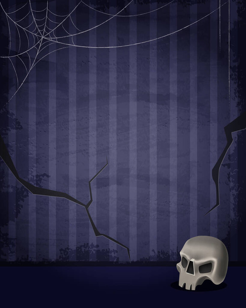 Starý starý pokoj s modře pruhovanou grunge tapetou, pavučinou a lebkou v rohu pro Halloween design - Vektor, obrázek