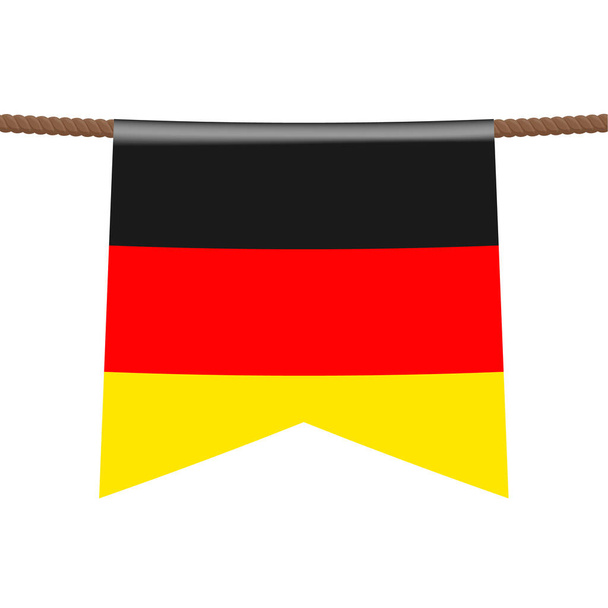 Bandiere nazionali della Germania appese alle corde su sfondo bianco. Il simbolo dello stato nel gagliardetto appeso alla corda. Illustrazione vettoriale realistica. - Vettoriali, immagini