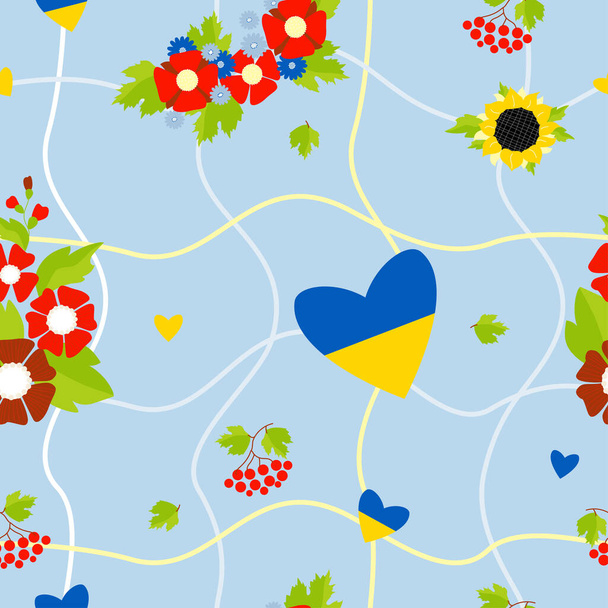 Nahtloses Blumenmuster mit ukrainischen Symbolen. Ein Strauß roter Malve, ein Zweig Viburnum, ein gelb-blaues Herz, ein Blumenkranz auf hellblauem Hintergrund mit einem Gitter. Vektorillustration - Vektor, Bild