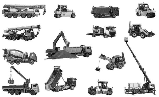 Transport for construction, transportation of goods, soil compaction, isolated on a white background. A set of construction equipment in grayscale for industry and business. Illustration. Vector. - Vector, Image