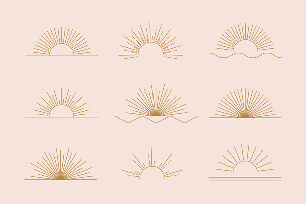 Vector Sun zestaw liniowych ikon i symboli boho, szablony projektów logo złotego słońca, abstrakcyjne elementy designu do dekoracji w nowoczesnym minimalistycznym stylu postów w mediach społecznościowych, opowieści, biżuteria rzemieślnicza - Wektor, obraz