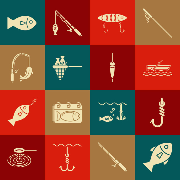 Conjunto de peces, anzuelo de pesca, barco con remos en el agua, señuelo, peces red, caña y, y el icono de flotador. Vector - Vector, imagen
