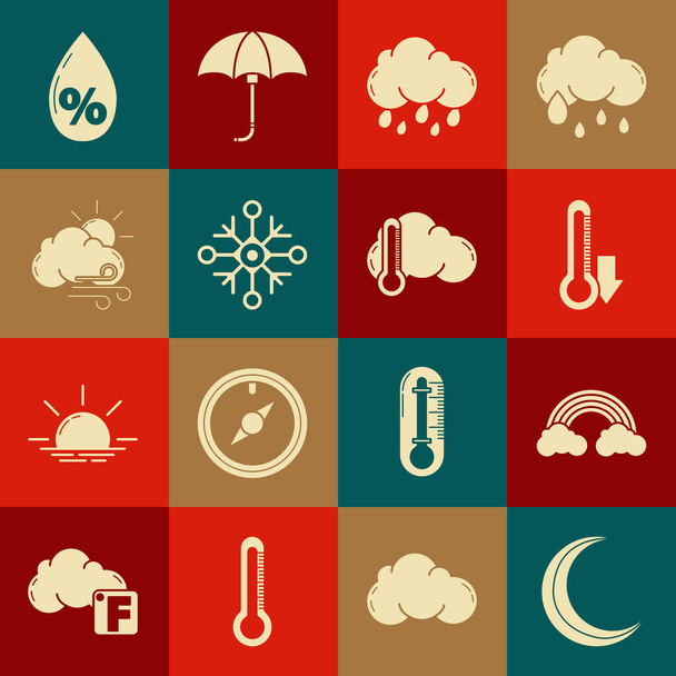Maan en sterren, Regenboog met wolken, Thermometer, Wolkenregen, Sneeuwvlok, Winderig weer, Waterdruppel percentage en icoon. Vector - Vector, afbeelding