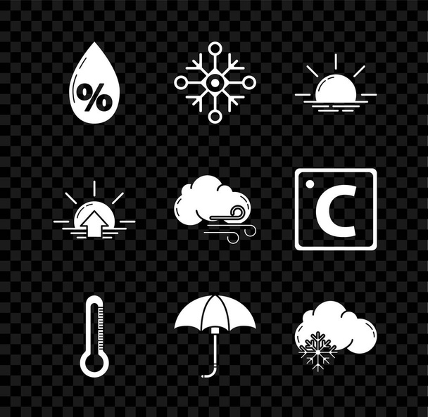 Wassertropfenprozent, Schneeflocke, Sonnenaufgang, Thermometer, klassisch eleganter geöffneter Regenschirm, Wolke mit Schnee und Wettersymbol. Vektor - Vektor, Bild
